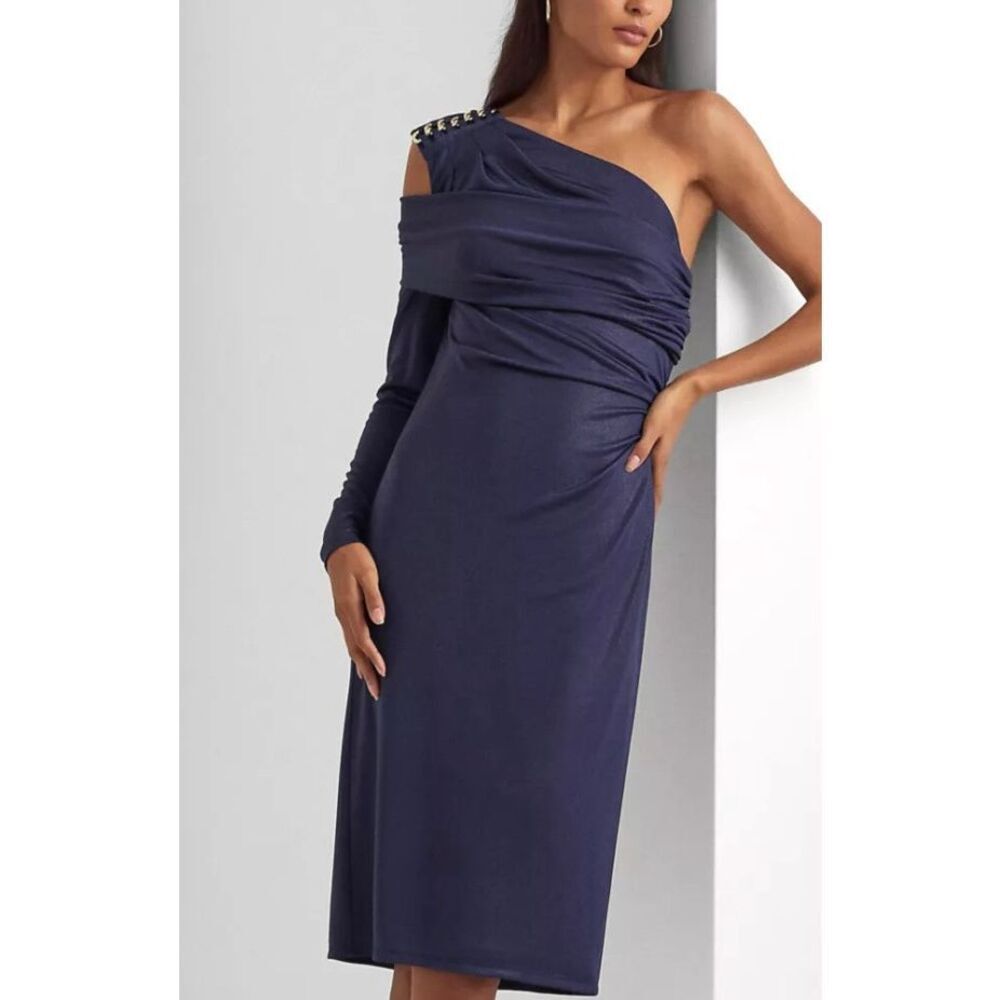 Lauren Ralph Lauren Women's Foil-Print One-Shoulder Dress French Navy Size 4 NWT - Picture 2 of 10